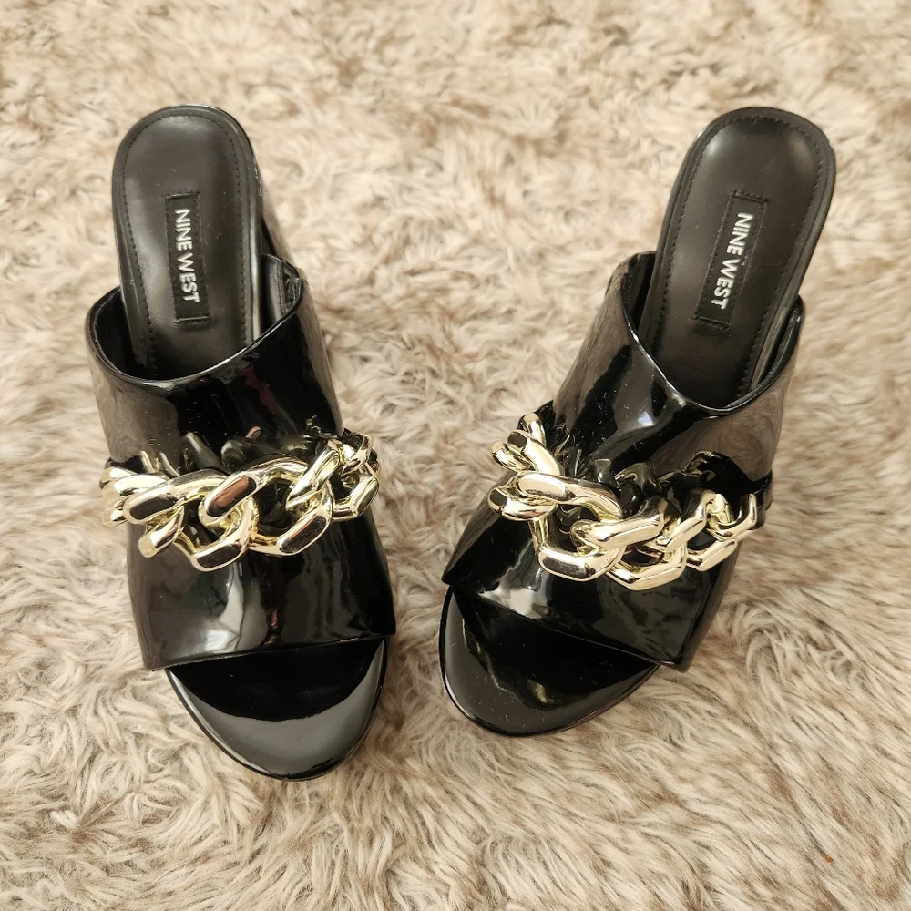 Nine West Relee Slip-on Rounded Open Toe Chain Detail Platform Sandals Black 6.5